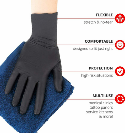 Black Nitrile Gloves, Powder-Free, Textured, Thickness 5mil  / Qty 100